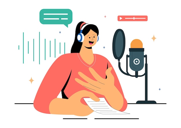 Voice Acting Vector Illustration met een filmproductie Cast lid die voice acting uitvoert voor een filmscène Dubben van een film of een tv-serie