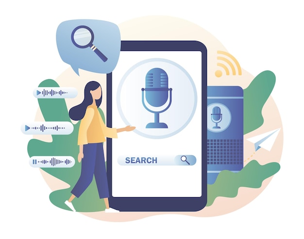 Voice assistant concept tiny woman use voice controlled search activated digital assistants