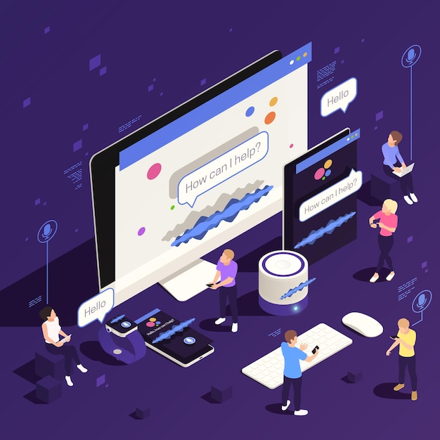 Vector voice assistant on different devices isometric illustration