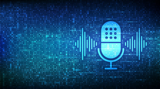 Voice assistant icon made with binary code Personal assistant voice recognition Microphone button with voice and sound imitation lines Digital binary data streaming digital code background Vector