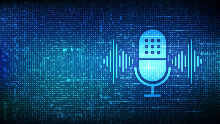 Vector voice assistant icon made with binary code personal assistant voice recognition microphone button with voice and sound imitation lines digital binary data streaming digital code background vector