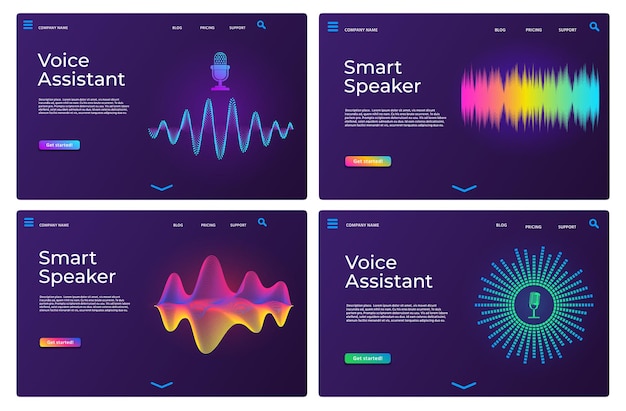 Pagine di destinazione dell'assistente vocale. modelli web per altoparlanti intelligenti con onde audio e microfono. insieme di vettore della pagina dell'app di riconoscimento del suono online. voce intelligente per l'applicazione, illustrazione digitale ai