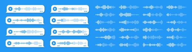 Voice audio message blue speech bubble sms text frame social media chat or messaging app conversation voice assistant recorder sound wave pattern vector illustration