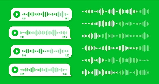 Вектор Голосовое аудиосообщение зеленая речь пузырь sms текстовый кадр социальный медиа чат или приложение для обмена сообщениями