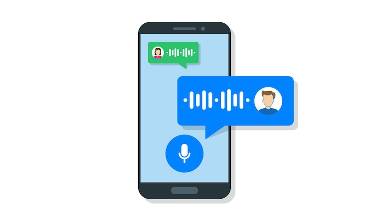 Vector voice message bubble voice assistant audio chat ui ux interface vector template voice assistance communication message bubbles with microphone for audio record in messenger