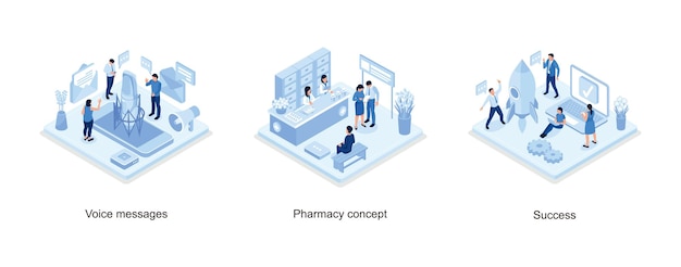 Vector voice messages concept with character and text place, doctor pharmacist and patient in drugstore,