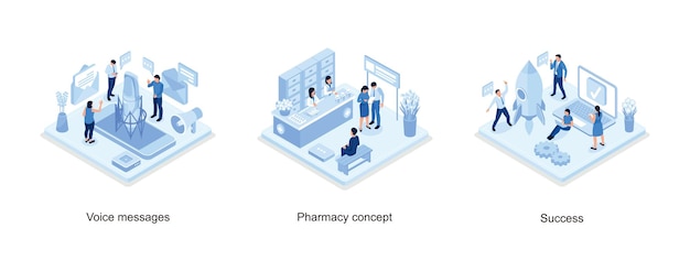 Концепция голосовых сообщений с характером и местом текста, врач-фармацевт и пациент в аптеке,