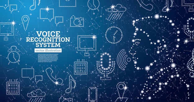 Voice recognition assistance system concept with neon icons. vector illustration. man face. speech recognition symbol.