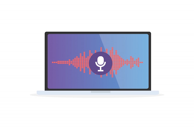 Voice recognition personal assistant on mobile app. concept   illustration of device with microphone icon on screen and voice and sound imitation lines.