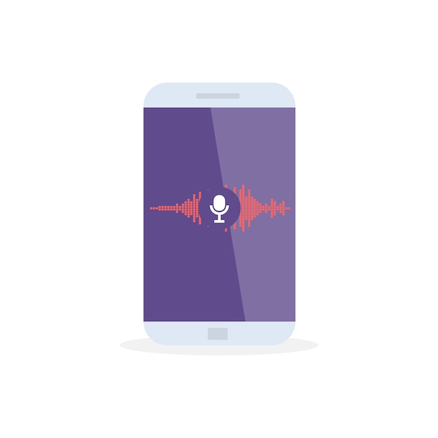 Voice recognition personal assistant on mobile app. concept   illustration of device with microphone icon on screen and voice and sound imitation lines.