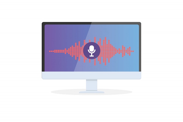 モバイルアプリの音声認識パーソナルアシスタント。画面と音声と音声の模倣線にマイクアイコンを備えたデバイスの概念図。