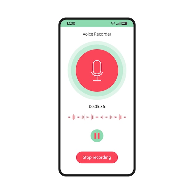 Modello vettoriale dell'interfaccia dello smartphone dell'app del registratore vocale. layout di design bianco della pagina di utilità mobile. schermata di registrazione audio. interfaccia utente piatta dell'applicazione di registrazione audio. microfono, pausa, pulsanti di arresto display del telefono