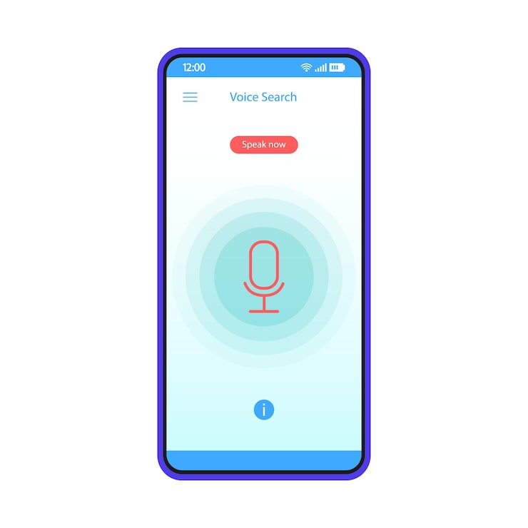 Vector 음성 검색 스마트폰 인터페이스 벡터 템플릿입니다. 음성 인식. 모바일 앱 인터페이스 블루 디자인 레이아웃입니다. 화면. 음성 액션 및 제어. 응용 프로그램에 대한 평면 ui. 마이크가 있는 전화 디스플레이