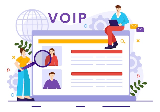 Vector voip or voice over internet protocol illustration with telephony scheme technology and network phone