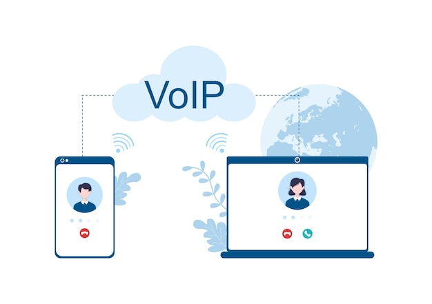 VOIP or Voice Over Internet Protocol with Telephony Scheme Technology Hand Drawn Illustration