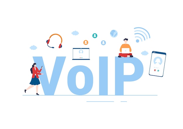 Voip o voice over internet protocol con tecnologia dello schema di telefonia illustrazione disegnata a mano