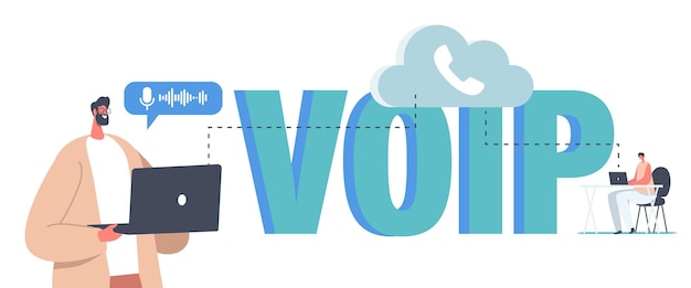 VOIP, концепция технологии передачи голоса по IP. Персонажи используют беспроводное телефонное соединение. Телекоммуникационная система, телефонная связь через облачное хранилище или сеть. Мультфильм люди векторные иллюстрации