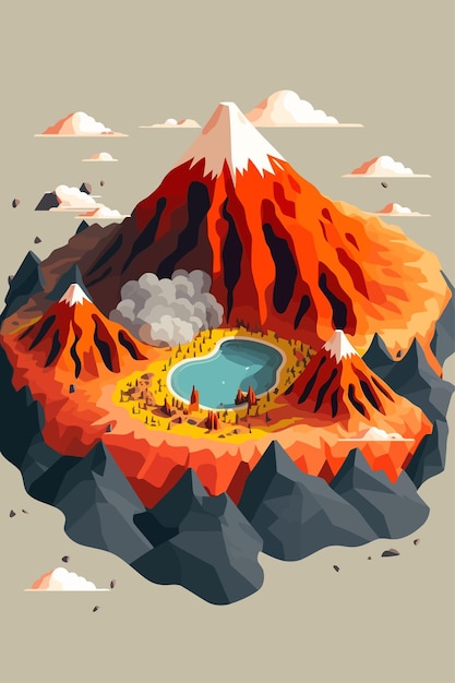 Вулканическая гора во время извержения векторной иллюстрации фона
