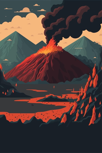 Volcanic mountain in eruption background view vector illustration