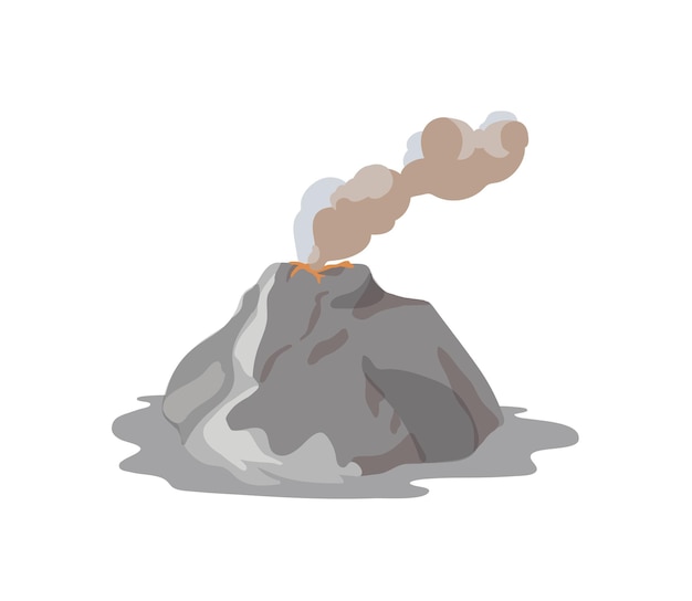 ベクトル 火山が噴火し、白い背景に分離された蒸気、塵の雲、マグマを放出します。火山の噴火と地震活動。自然災害。フラット漫画スタイルのカラフルなベクトルイラスト。