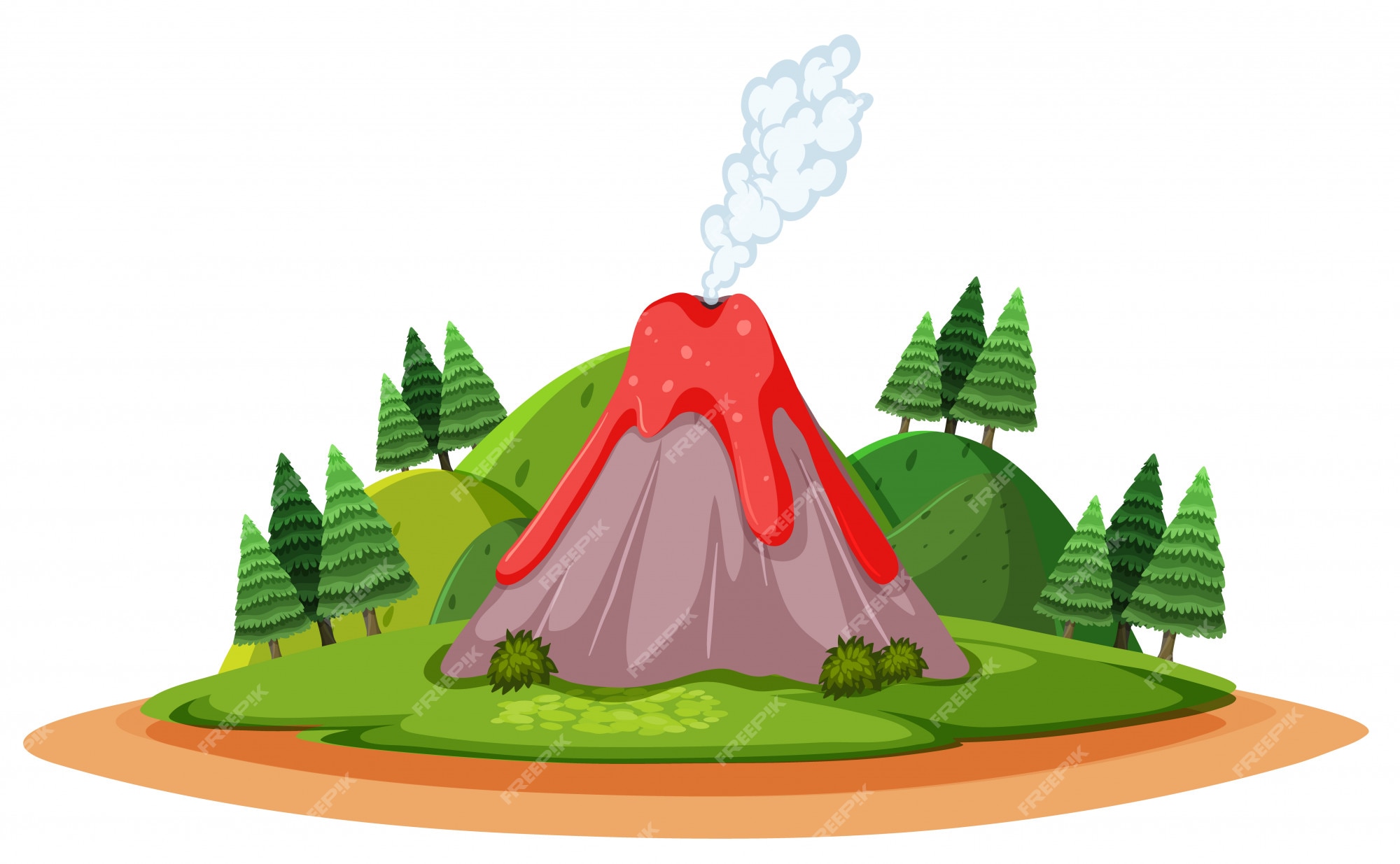 Premium Vector | Volcano erupting and smoke with forst cartoon style