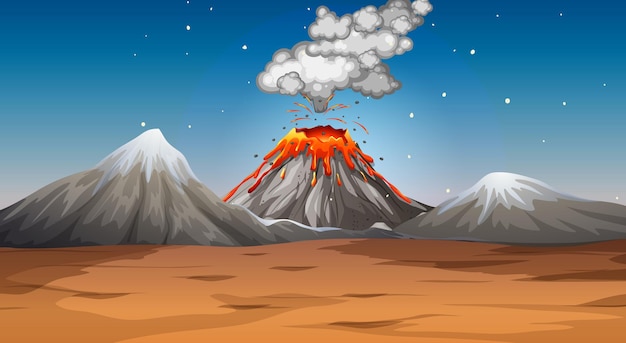 Vettore eruzione del vulcano nella scena del deserto di notte