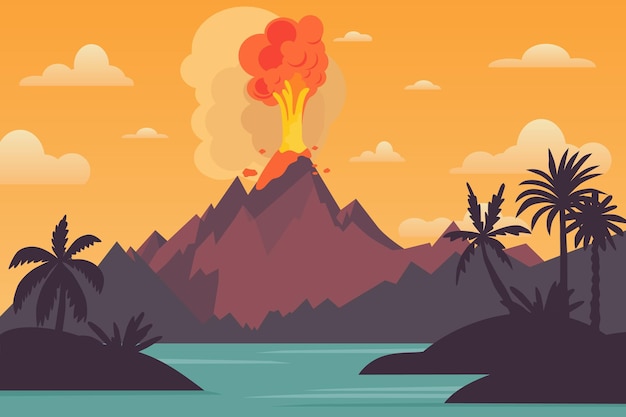 Vector volcano eruption flat vector background nature landscape mountain with fountain of lava volcanic