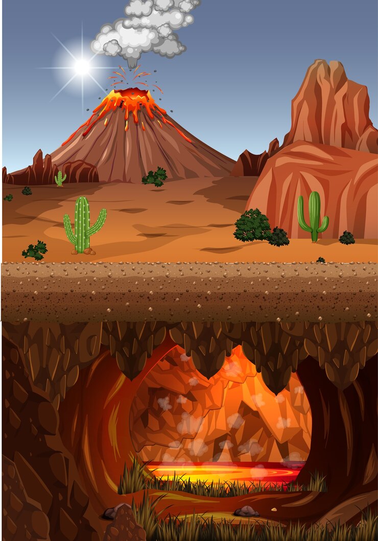 Vector volcano eruption in nature forest scene at daytime and infernal cave with lava scene