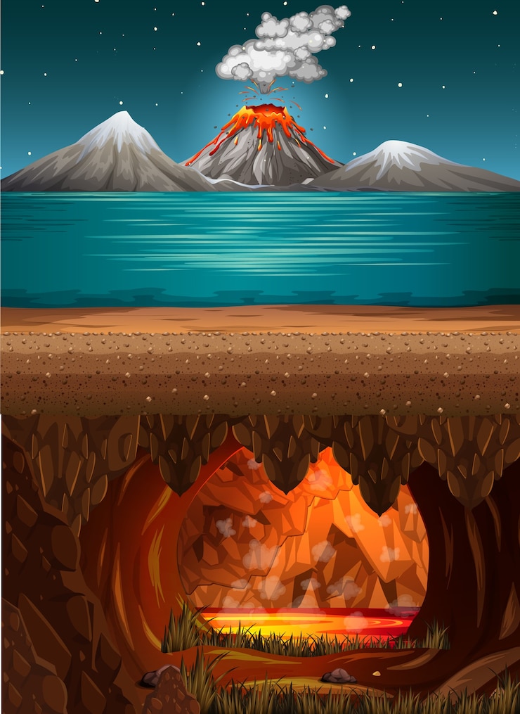Vector volcano eruption in ocean scene and infernal cave with lava scene