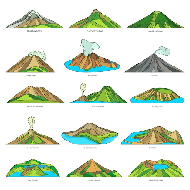 Insieme dell'icona del paesaggio del paesaggio delle viste naturali del vulcano