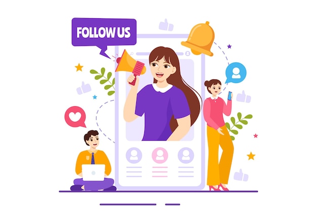 Volg ons en vind het leuk Illustratie van gebruikers van sociale media die een interessante pagina volgen
