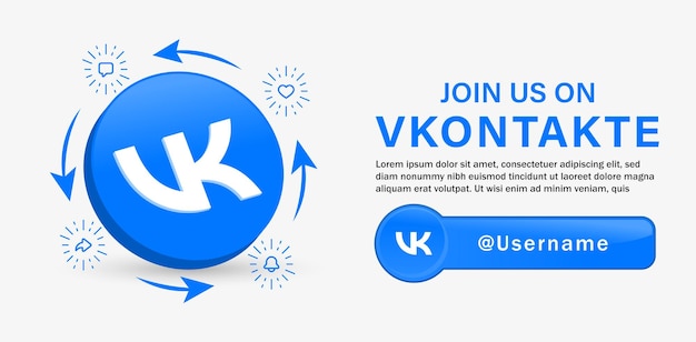 Vector volg ons op vk vkontakte social media banner met 3d-logo en meldingspictogrammen zoals commentaar delen