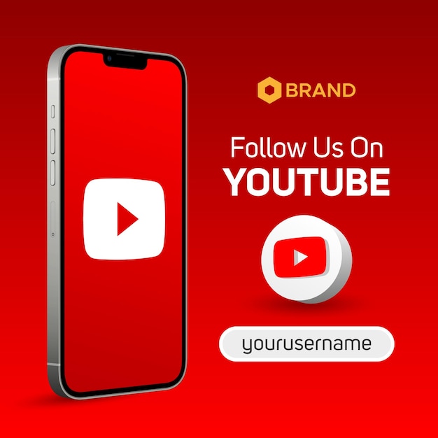 Volg ons op Youtube 3d illustratie logo gebruikersnaam smartphone scherm mockup banner social media post