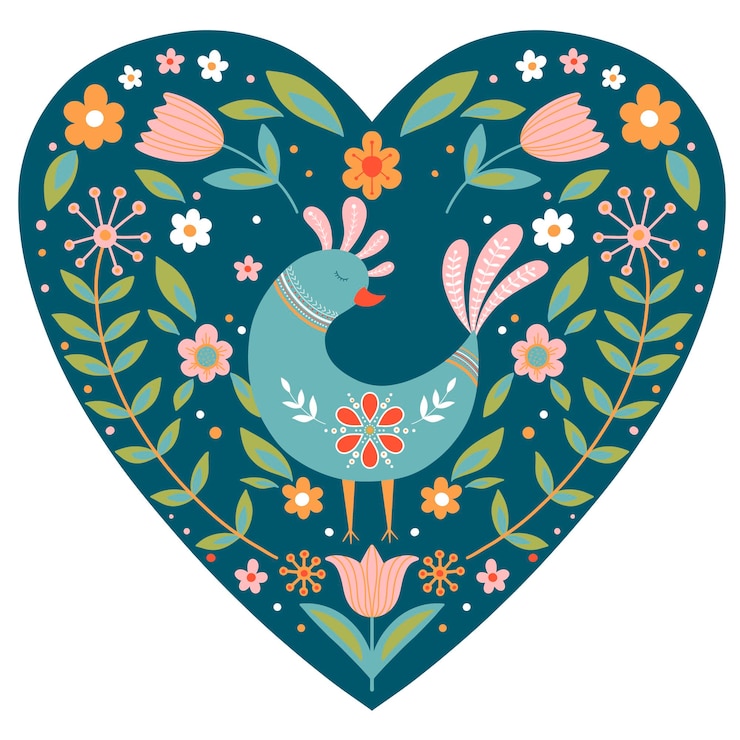 Vector volkskunstpatroon met vogels en bloemen fins geïnspireerde valentijnsdag