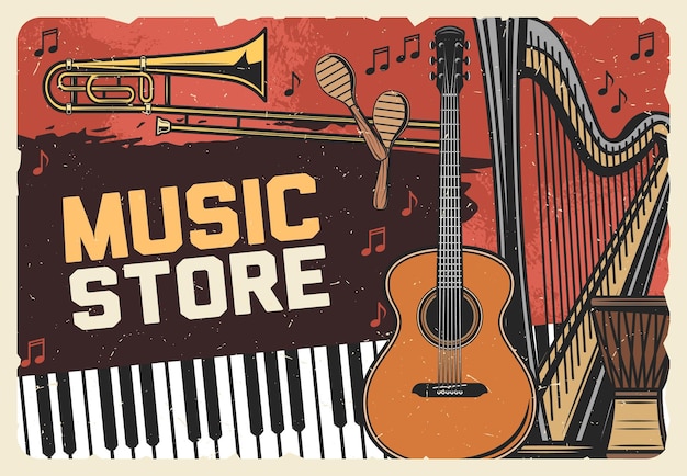 Volksmuziekinstrumenten slaan retro poster op