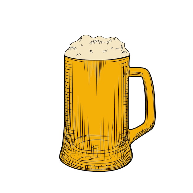 Volle bierpul Pilsener met schuim. Graveerstijl. Handgetekende vectorillustratie geïsoleerd op een witte achtergrond