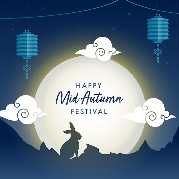 Vector volle maan blauwe achtergrond met silhouet bunny, wolken en hangende chinese lantaarns voor happy mid autumn festival.