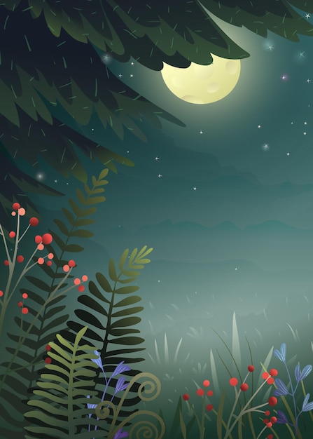 Volle maan nacht fantasie dennenbos voor kinderen