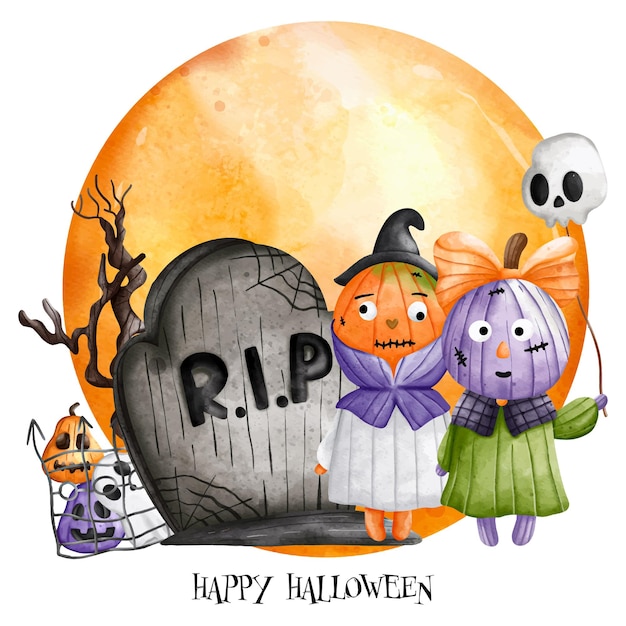 Volle maan RIP grafsteen Halloween pompoen kinderen Happy Halloween aquarel vectorillustratiexDxA