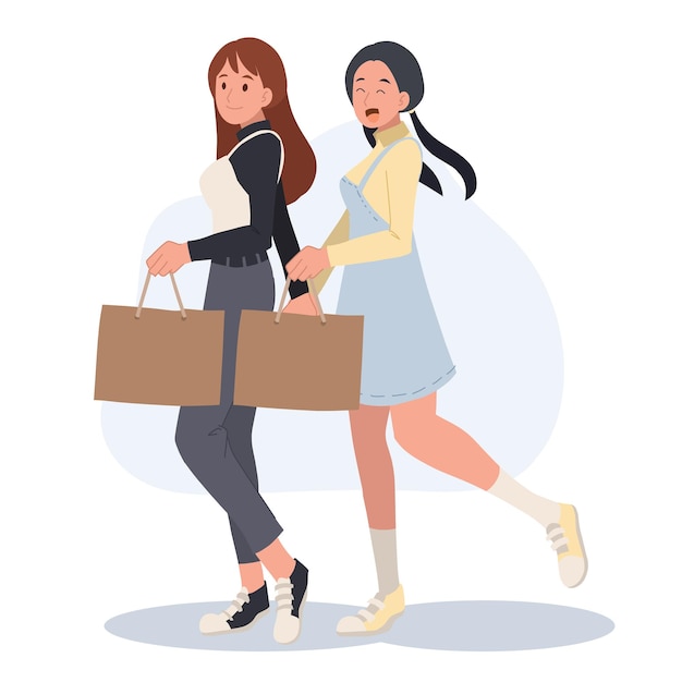 Volledige lengte van twee gelukkige jonge vrouwen die gaan winkelen platte vector cartoon karakter illustratie