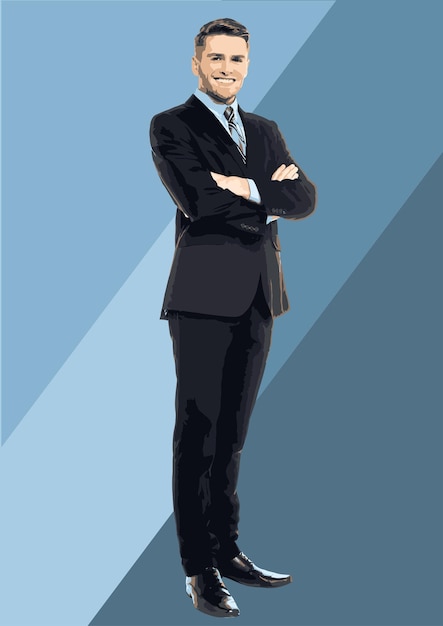 Vollengte portret van zelfverzekerd zakenman die de wapens kruist zakelijke kleding professionele blauwe achtergrond