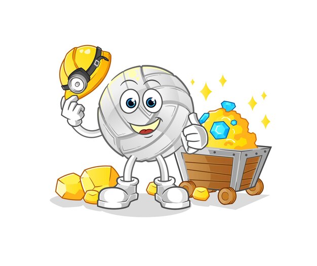 Volleybal mijnwerker met gouden karakter. cartoon mascotte vector