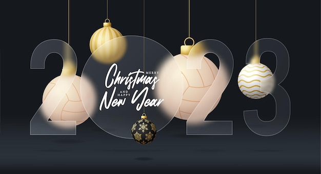 バレーボール 2023年新年販売バナーまたはグリーティング カード新年あけましておめでとうございますとメリー クリスマス スポーツ バナー グラスモーフィズム グラスモーフィズムまたはグラスモーフィズムぼかし効果 現実的なベクトル図