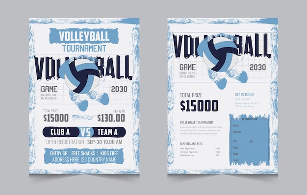 Vettore disegno di poster a due lati per il torneo di pallavolo