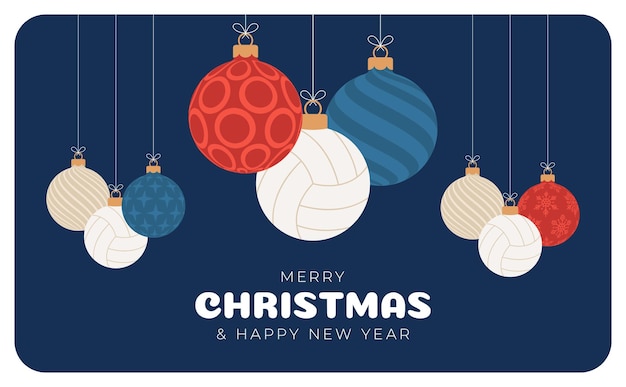 Volleyball christmas greeting card. Merry Christmas and Happy New Year flat cartoon Sports banner. volleyball ball as a xmas ball on background. Vector illustration.
