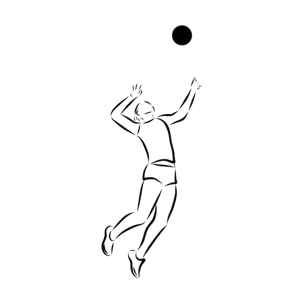 Волейболист, обслуживающий мяч черно-белый векторный контур