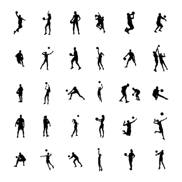 Vector volleyball player silhouettes, volleyball player black silhouette set.