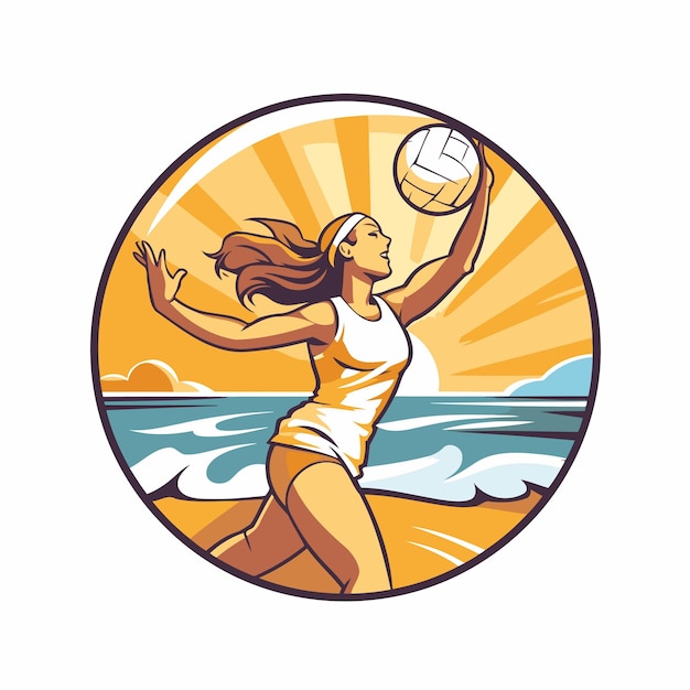Vettore giocatrice di pallavolo donna sulla spiaggia illustrazione vettoriale in stile retro