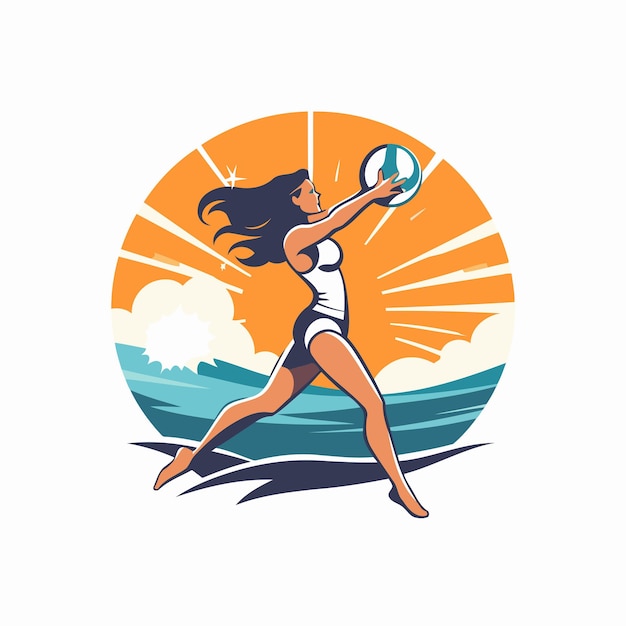 Volleyball player woman with ball on the beach Vector illustration