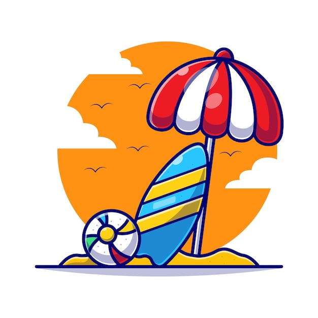 夏の漫画フラットイラストでサーフィンボードと傘とバレーボール。